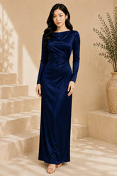 Navy Blue Long Sleeve Draped Satin Column Gown