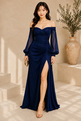 Navy Blue Off Shoulder Ruched High Slit Evening Gown Back