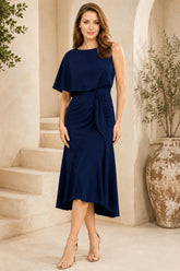 Navy Blue One Shoulder Draped Midi Dress