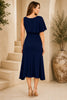 Navy Blue One Shoulder Draped Midi Dress