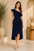 Navy Blue One Shoulder Ruffle Midi Dress