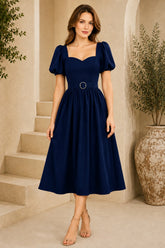 Navy Blue Puff Sleeve Belted Midi Dress