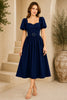 Navy Blue Puff Sleeve Belted Midi Dress