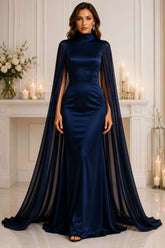 Navy Cape Satin Evening Gown