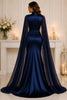Navy Cape Satin Evening Gown