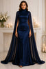 Navy Cape Satin Evening Gown
