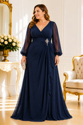 Navy Chiffon Plus Size Evening Gown