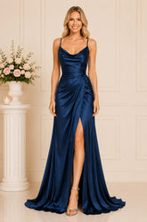 Navy Cowl Neck Satin Gown