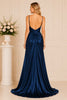 Navy Cowl Neck Satin Gown