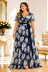 Navy Floral Chiffon Plus Size Maxi Dress