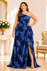 Navy Floral One Shoulder Plus Size Evening Gown