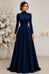 Navy High Neck A Line Evening Gown