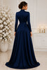 Navy High Neck A Line Evening Gown