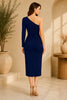 Navy One Shoulder Ruched Midi Dress Back