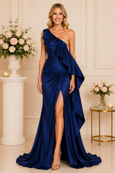 Navy One Shoulder Ruffle Gown