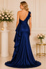 Navy One Shoulder Ruffle Gown