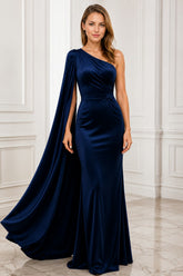 Navy One Shoulder Satin Evening Gown
