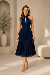 Navy Pleated Halter Neck Midi Dress