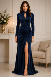 Navy Satin Keyhole Wrap Gown