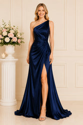 Navy Satin One Shoulder Gown