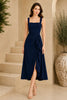 Navy Square Neck Cascade Draped Midi Dress