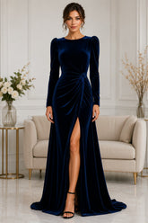 Navy Velvet Long Sleeve Slit Evening Gown