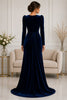 Navy Velvet Long Sleeve Slit Evening Gown