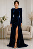 Navy Velvet Long Sleeve Slit Evening Gown