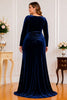 Navy Velvet Ruched Long Sleeve Plus Size Maxi Dress