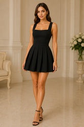 Noir Elegance Pleated Mini Dress