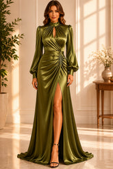 Olive Satin Keyhole Draped Gown