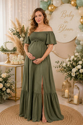 Olive Smocked Off Shoulder Maternity Maxi Dress