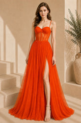 Orange Corset Tulle High Slit Evening Gown