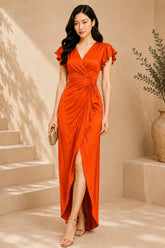 Orange Flutter Sleeve Wrap Evening Gown