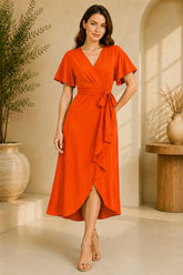 Orange Flutter Sleeve Wrap Midi Dress