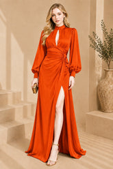 Orange Keyhole Balloon Sleeve Evening Gown