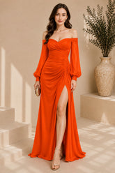 Orange Off Shoulder Ruched High Slit Evening Gown