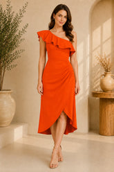 Orange One Shoulder Ruffle Midi Dress