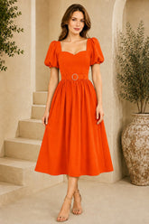 Orange Puff Sleeve Belted Midi Dress