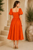 Orange Puff Sleeve Belted Midi Dress