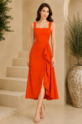 Orange Square Neck Cascade Draped