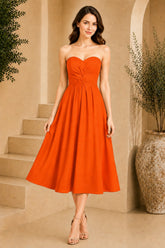 Orange Strapless Ruched Waist Midi Dress