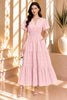 Pink Brick Short Sleeve Tiered Midi Dress
