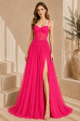 Pink Corset Tulle High Slit Evening Gown
