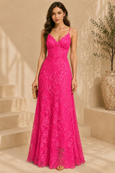 Pink Floral Lace Evening Gown