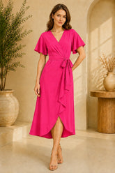 Pink Flutter Sleeve Wrap Midi Dress