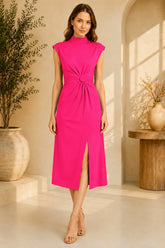 Pink High Neck Knot Waist Midi Dress