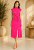 Pink High Neck Knot Waist Midi Dress