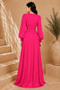 Pink Keyhole Balloon Sleeve High Slit Gown