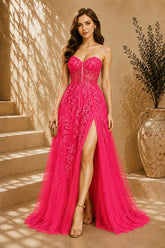 Pink Lace Applique Tulle Evening Gown
